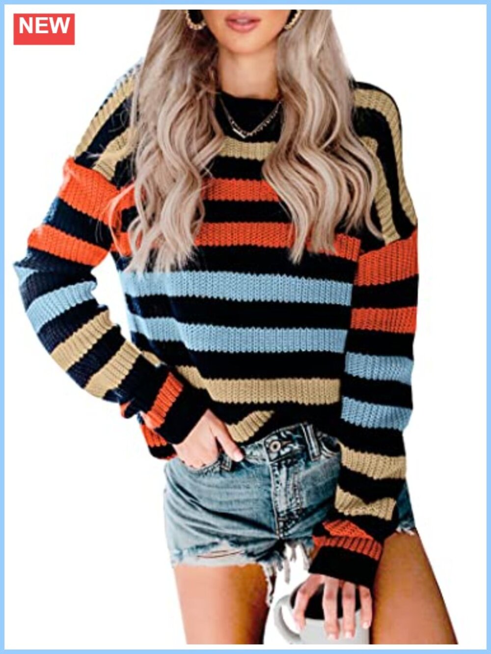 Women's Striped Knit Sweater Long Sleeve Crew Neck Casual Loose Pullover